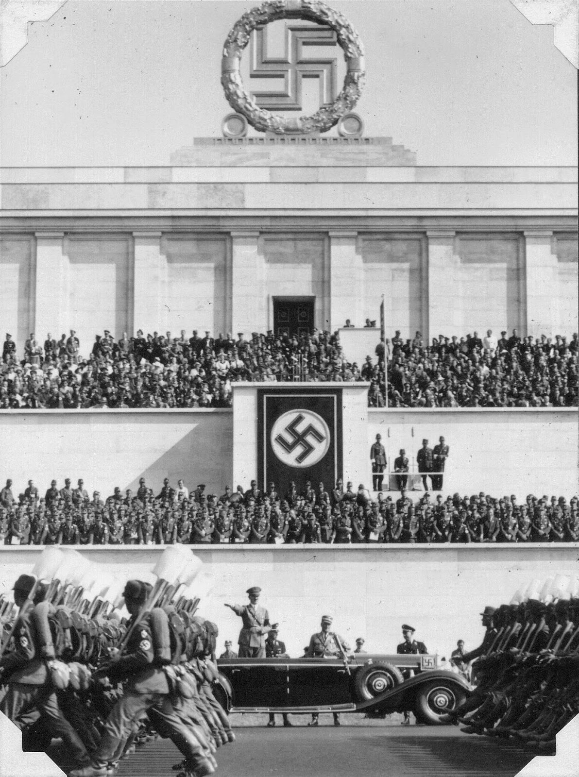Adolf Hitler reviewing a Reich Labor Service (RAD) parade, Zeppelin Field, Nürnberg